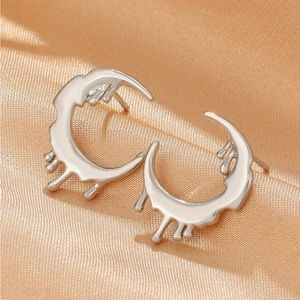 Melting Moons- Silver Crescent Liquid Metal Dripping Droplet Celestial Edgy Stud